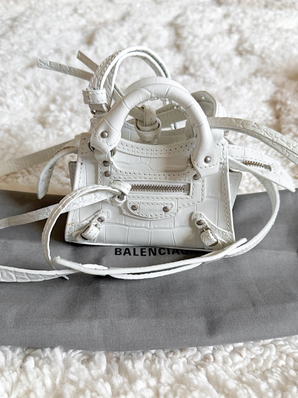 Balenciaga nano mini croc embossed white leather city bag crossbody